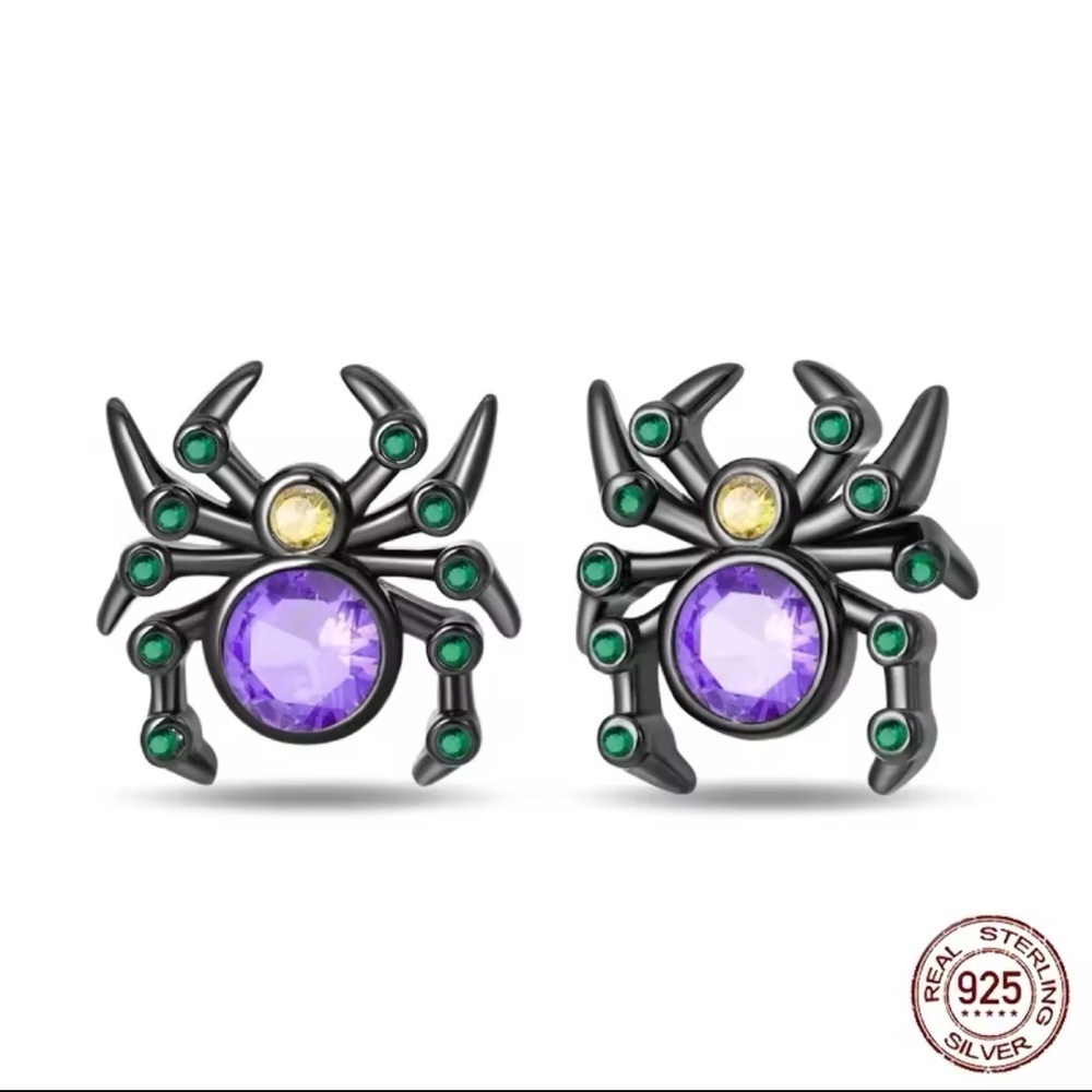18k Black Gold Gun Metal Unisex Spider Tanzanite Accent Punk Goth Stud Earrings 35$
